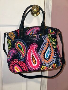 Vera Bradley Black Quilted Crossbody Tote with Neon Paisley